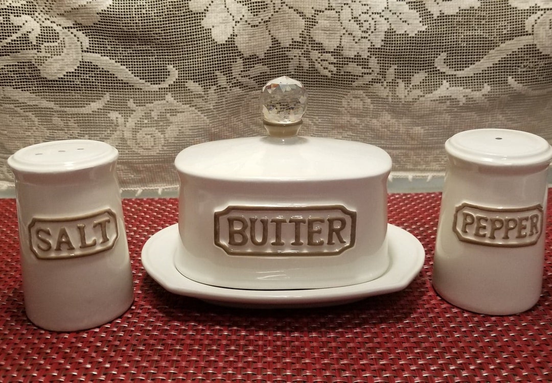 THL Embossed Butter Dish With Crystal Knob and Matching Salt Etsy