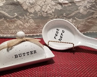 White Speckled Butter Dish by Lily and Grace and Speckled Spoon Rest