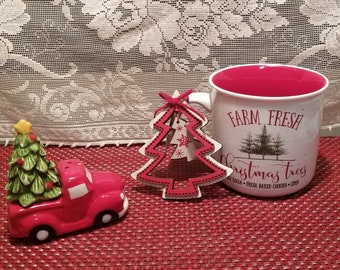 Holiday Farm Fresh Christmas Tree Mug & Truck/Tree Shaped Salt and Pepper Shaker Set