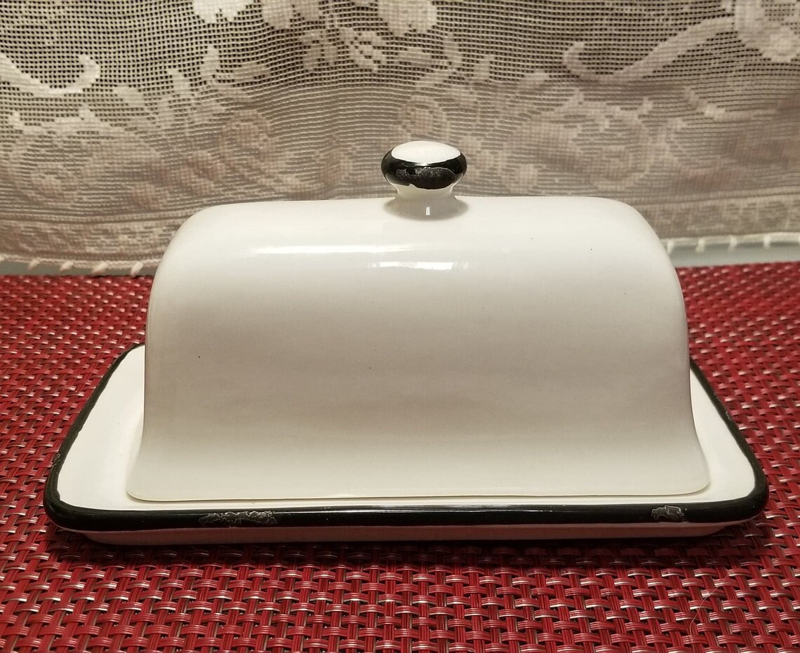 Large White Ceramic Butter Dish With Black Trim and Strawberry Etsy UK