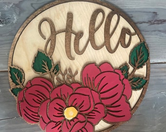 Hello Floral Round Wood Sign for Front Door Porch or Entry Way- Welcome  -Wall Decor - Home Decor - Housewarming Gift