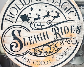 Sleigh Rides Christmas Door Hanger | Round Christmas Door Decor | Ship lap style Sleigh Rides Sign | Front Door Sigh