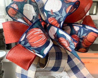Fall Pumpkin Farmhouse Wreath Bow Blue and Orange Pumpkins and Burlap | Lantern Accent Bow | Garland | Centerpiece Bow | Rustic Mantel Decor