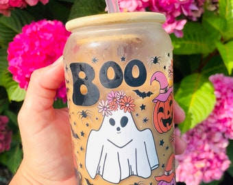 Boo Halloween Libby Glass Can | Spooky Halloween Libby Glass Cup 16 oz | Reusable Glass Cup | Halloween Iced Coffee Glass Cup with Lid