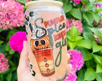 Pumpkin Spice Kinda Girl Libby Glass Can |  Halloween Libby Glass Cup 16 oz | Reusable Glass Cup | Halloween Iced Coffee Glass Cup with Lid