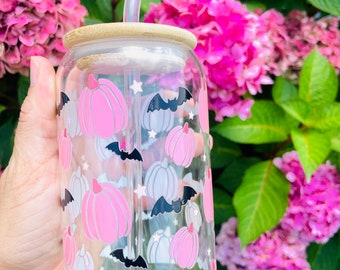 Cute Pumpkin Bats Libby Glass Can | Spooky Halloween Libby Glass Cup 16 oz | Reusable Glass Cup | Halloween Iced Coffee Glass Cup with Lid