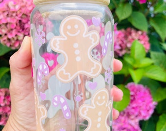 Gingerbread Libby Glass Can | Pastel Christmas Libby Glass Cup 16 oz | Reusable Glass Cup | Christmas Iced Coffee Glass Cup with Lid