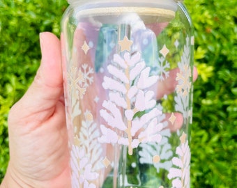 Whimsical Christmas Libby Glass Can | Pastel Christmas Libby Glass Cup 16 oz | Reusable Glass Cup | Christmas Iced Coffee Glass Cup with Lid