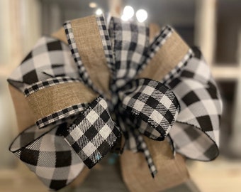 Black and white Buffalo plaid and burlap bow, Christmas Decoration, Tree Topper, Lantern Bow, Garland Accent