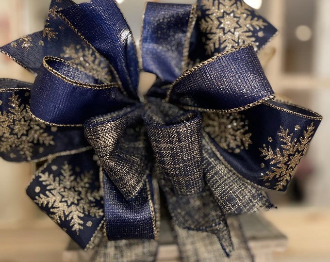 Navy and Gold Christmas Bow With Gold Glitter Snowflakes Gold Glitter