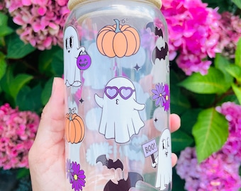 Cute Boo Halloween Libby Glass Can | Spooky Halloween Libby Glass Cup 16 oz | Reusable Glass Cup | Halloween Iced Coffee Glass Cup with Lid