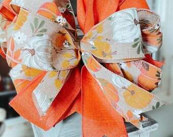 Fall Pumpkin Farmhouse Wreath Bow | Orange Pumpkins and Burlap | Lantern Accent Bow | Garland | Table Centerpiece Bow | Rustic Mantel Decor