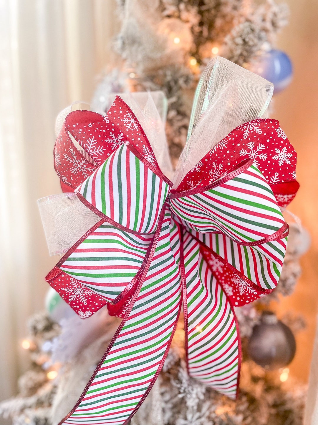 Red Green and White Candy Stripe Christmas Bow for Wreath, Red and ...