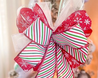 Red Green and  White Candy Stripe Christmas Bow for wreath, Red and White Snowflake Ribbon | lantern, garland, Christmas tree topper