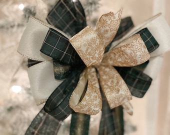 Elegant Green Gold and Cream Christmas Wreath Bow | Christmas Tree Topper | Christmas Decor | Gift Package Bow
