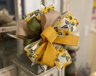 Sunflower Fall Farmhouse Bow | Yellow Green Tan Burlap and Sunflower Ribbon | Fall Wreath Bow | Autumn Lantern Decor | Garland Accent