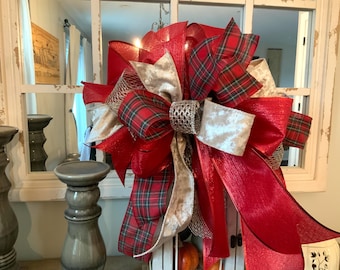 Elegant Green Red Gold and Cream Velvet Christmas Wreath Bow | Christmas Tree Topper | Christmas Decor | Gift Package Bow