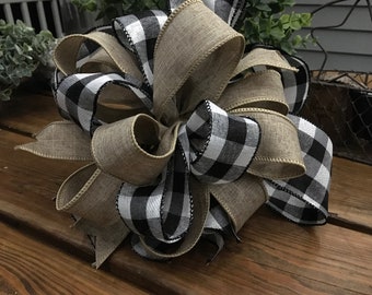 Black and White Buffalo Plaid and Burlap Bow | Christmas Tree Topper, Lantern Bow, Garland Accent, Wreath Bow