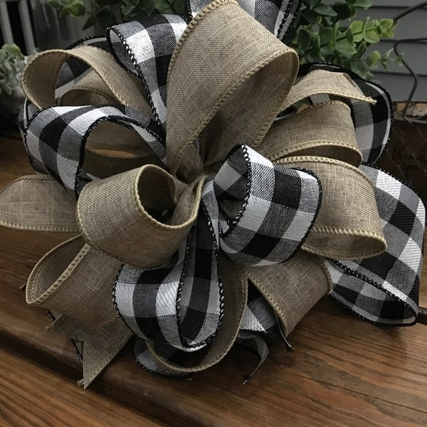Black and White Buffalo Plaid and Burlap Bow | Christmas Tree Topper, Lantern Bow, Garland Accent, Wreath Bow