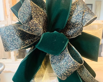 Elegant Green Velvet and Gold Metallic Christmas Bow | Wreath Bow | Tree Topper | Holiday Decor | Gift Package Bow