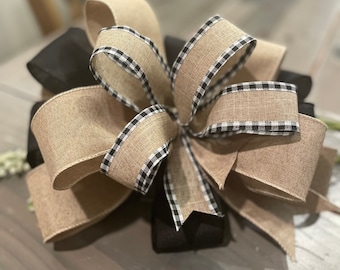 Everyday Bow for Wreath | Black & Tan Linen | Farmhouse Decor | Wreath Accent Bow | Floral Arrangement