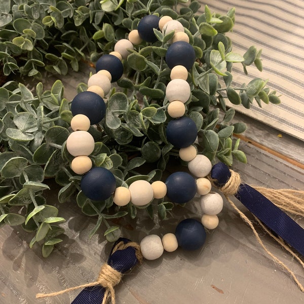 Navy Blue, White and Natural Wood Bead Garland for Tiered Tray-Shelf-Garland Accent, Fall Decor