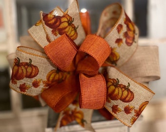 Fall Pumpkin Farmhouse Wreath Bow | Orange Pumpkins and Burlap | Lantern Accent Bow | Garland | Table Centerpiece Bow | Rustic Mantel Decor