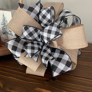 Black and white plaid and burlap bow, Christmas Decoration,Tree Topper, Lantern Bow,Garland Accent