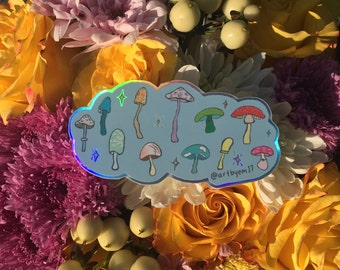 Sticker, Spring Time Mushroom Babies - ART BY EM - mushroom sticker, holographic sticker, rainbow, mushroom, shrooms, holographic