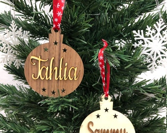 Personalised Christmas Bauble - Timber Finish with Double Sided Name - Custom Made Decoration