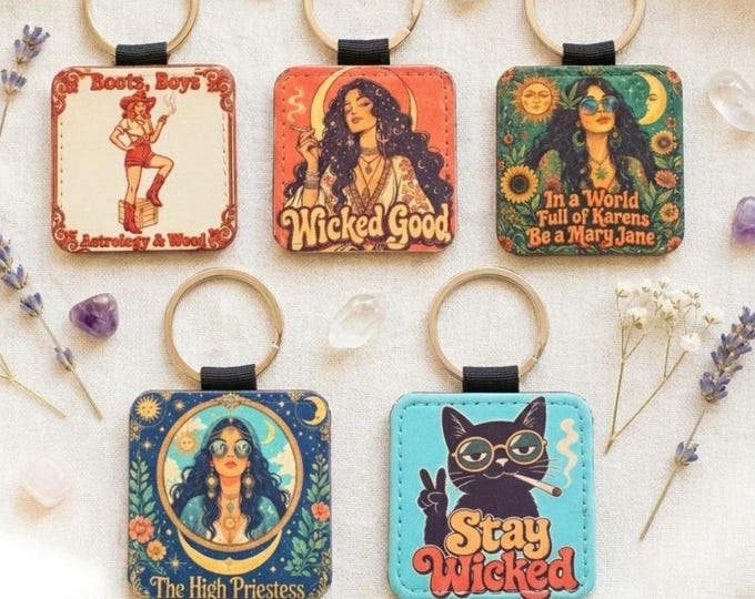 Witchy Keychain, Stoner Witch Charm Tag, Cowgirl Astrology, Mary Jane, Stoner Gift