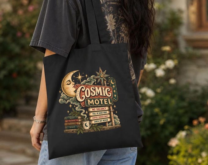 Cosmic Motel Celestial Bag, Retro Vintage Canvas Tote, Celestial Purse, Book Lover Gift