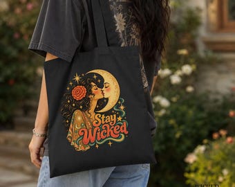 Stay Wicked Moon-Kiss Tote | Retro Graphic Boho Hippie | Celestial Bag