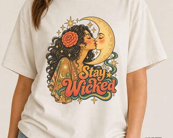 Stay Wicked Celestial Moon Kiss Shirt, Comfort Colors, Vintage Witchy Goddess T-Shirt, Retro Boho