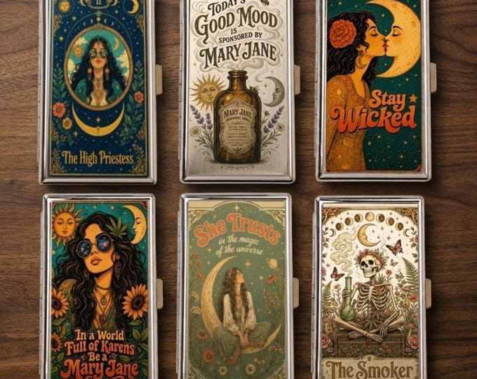 Vintage Style Metal Cigarette Case, Celestial Tarot Card, Metal Stash Box, Joint Holder