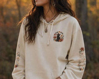 Botanical Cat Hoodie, Celestial Witchy Moon Sweatshirt, Comfort Colors Ivory Hoodie