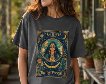 High Priestess Tarot Shirt, Comfort Colors Terracotta Pepper, Celestial Stoner Graphic