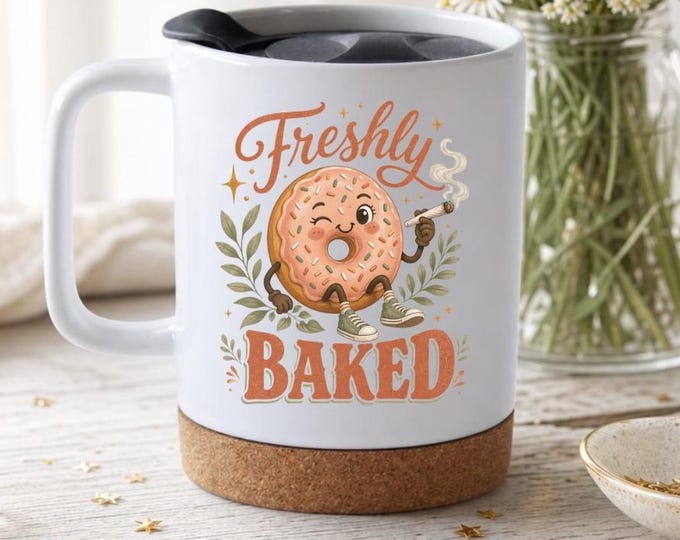 Freshly Baked Donut Mug with Lid, Retro Stoner Coffee Cup, Cork Base