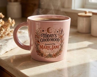 Funny Mary Jane Mug, Weed Lover Gift, Pink Ceramic Coffee Cup, Botanical Cannabis Gift