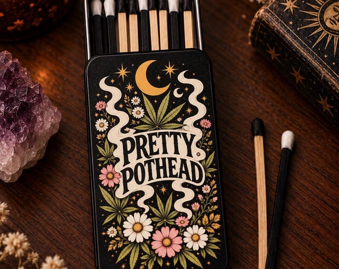 Pretty Pothead Match Tin with Striker, Retro Stoner Gift, Decorative Matches, Cannabis Lover