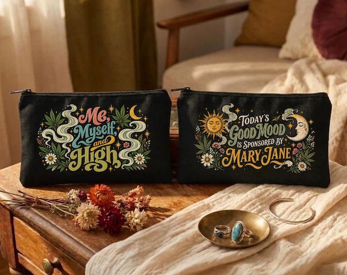 Smoking Accessory Pouch, Black Stoner Bag, 420 Gift for Women, Boho Zipper Storage