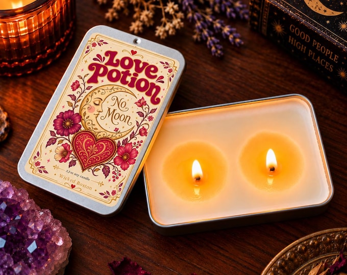 Love Potion Soy Candle | Plum & Black Cherry Scented | Witchy Gift | Celestial Sliding Tin
