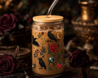 Witchy Iced Coffee Glass Can with Bamboo Lid and Straw | Celestial Cottagecore Glassware