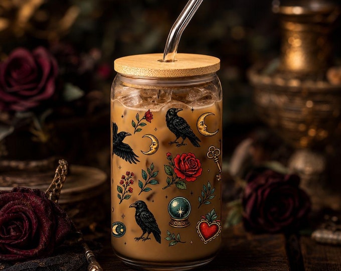 Witchy Iced Coffee Glass Can with Bamboo Lid and Straw | Celestial Cottagecore Glassware
