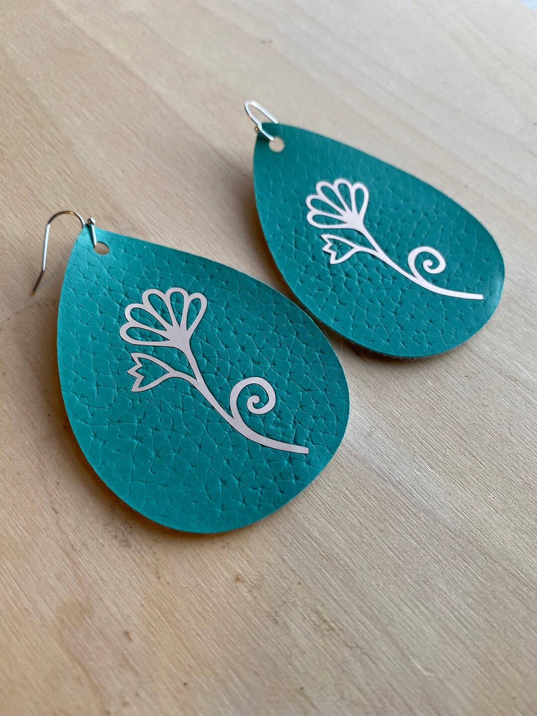 Leather Flower Earrings Faux Leather Jewelry Teal Drop Etsy