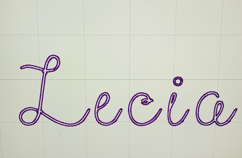 May include: A cursive handwritten name "Lecia" in purple ink on a white background with a grid pattern.