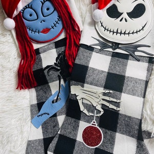 Nightmare Christmas Stocking Personalized Gift for Disney Character Decoration Holiday Decor Embroidered Design Black White Buffalo Plaid