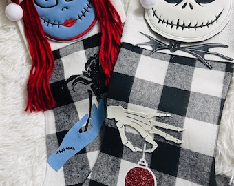 Nightmare Christmas Stocking Personalized Gift for Disney Character Decoration Holiday Decor Embroidered Design Black White Buffalo Plaid