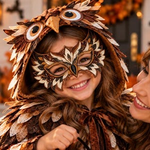 Puede incluir: Un disfraz de búho marrón que incluye una capa con capucha de tela con capas similares a plumas, una máscara de búho detallada en tonos marrón y crema, y un cubo de plástico naranja con forma de calabaza lleno de dulces envueltos.