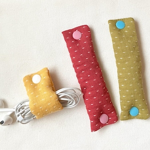 Embroidered Cable Holder Set of 3, USB Cord Tie, Fabric Cable Tidy, Snap Closure